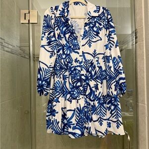 SHEIN Blue and White Leaf Print Long Sleeve Dress